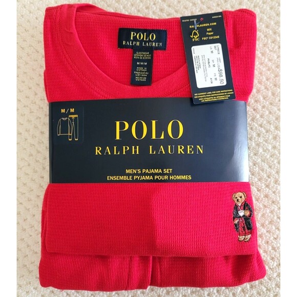 NWT Polo Ralph Lauren Coffee Polo Bear Red Waffle Thermal Pajama Sleep Set , M - Picture 3 of 6